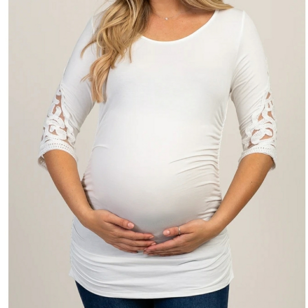 Crochet Sleeve Fitted Maternity Top Mocha